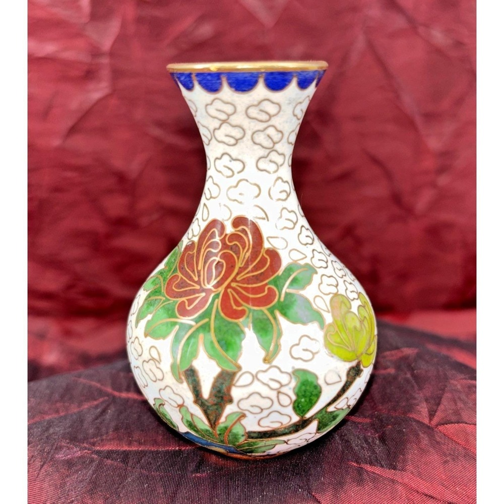 Vintage Chinese Cloisonné Enamel  Brass Miniature Vase‎ Red Green Peony  3in EUC